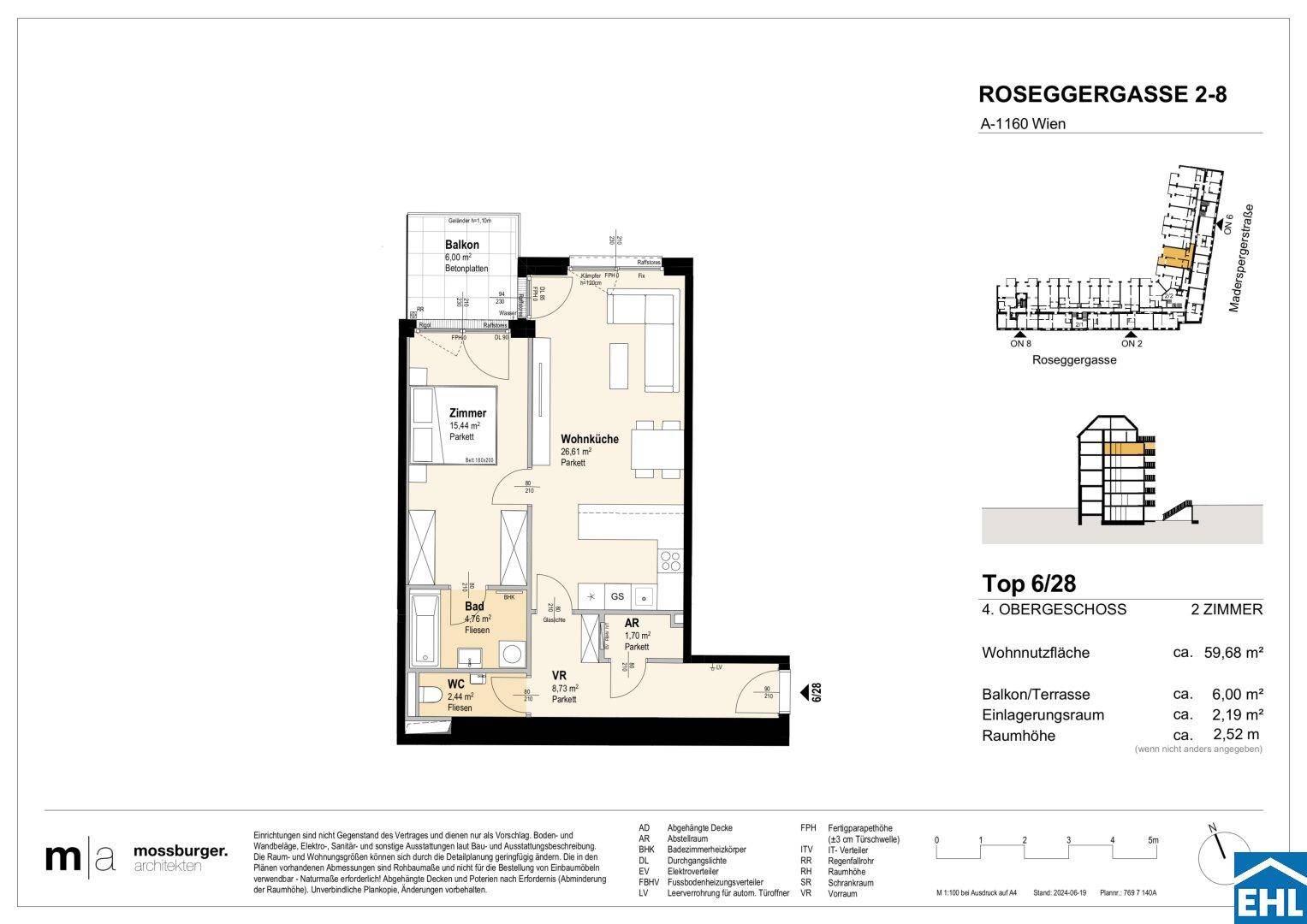 Wohnungsgrundriss mit einem Schlafzimmer, offener Wohnküche, Bad, separatem WC und Balkon.