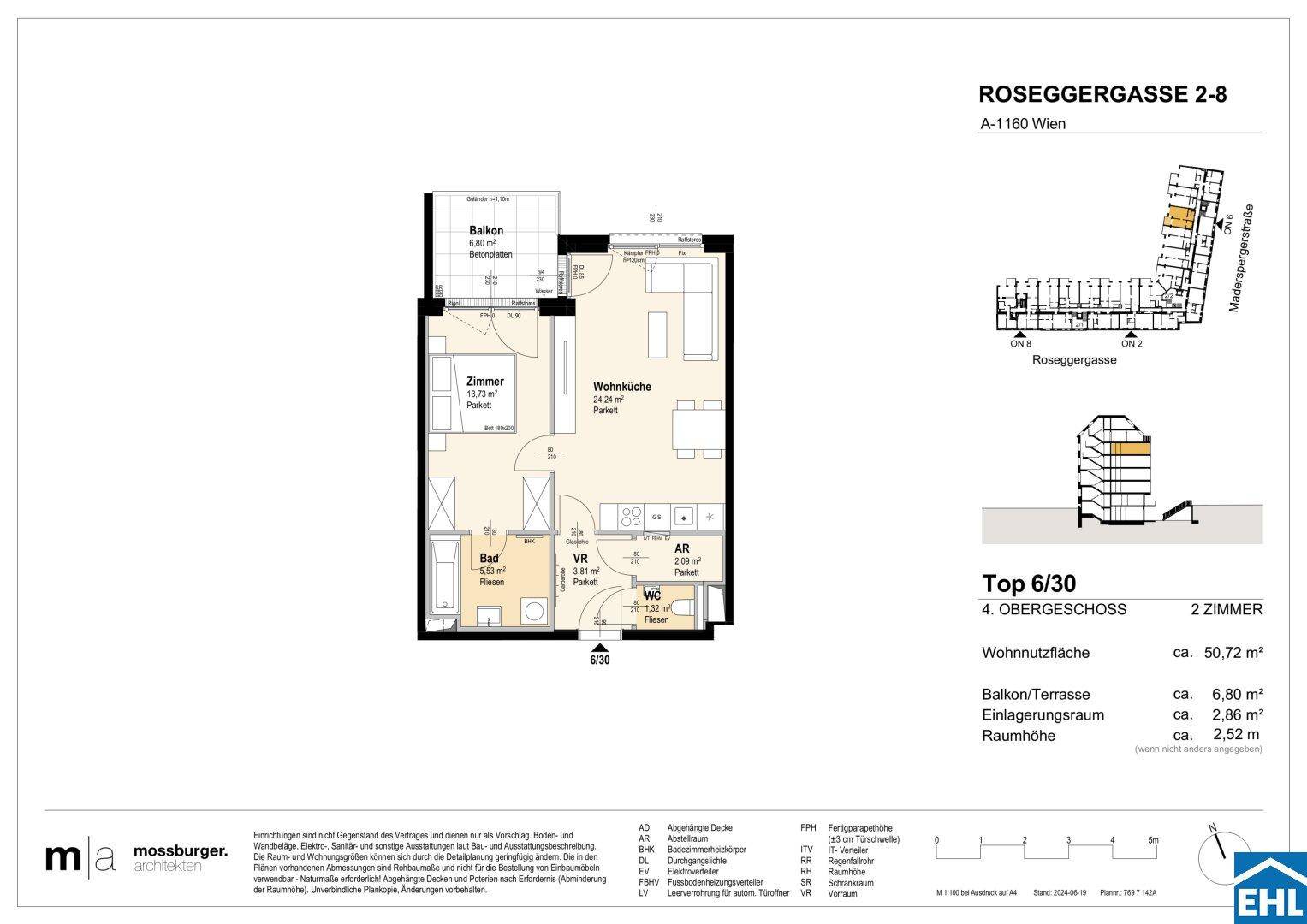 Grundriss einer Wohnung mit offenem Wohn- und Küchenbereich, einem Schlafzimmer, Bad, separatem WC und Balkon.