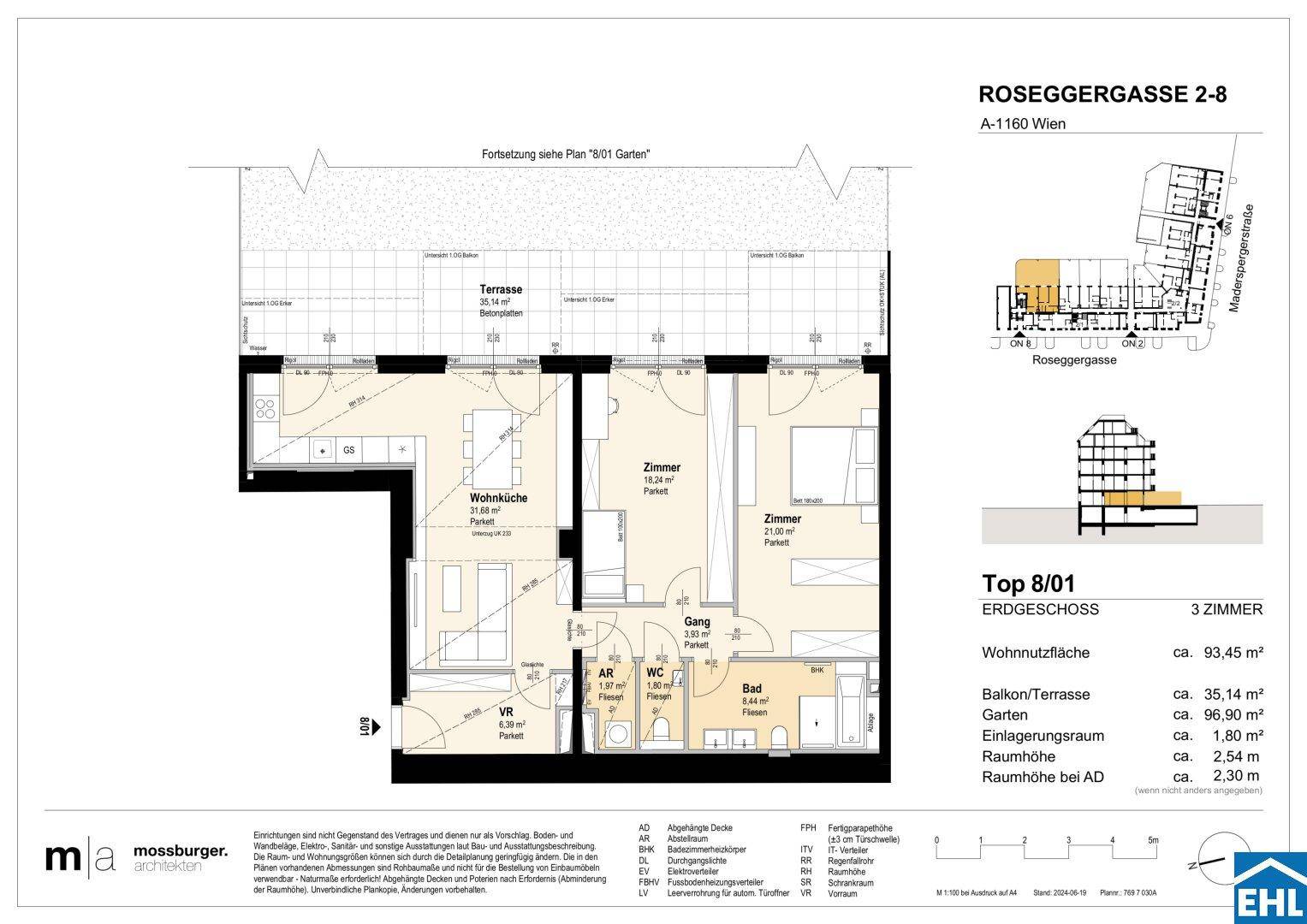 Grundriss einer Erdgeschosswohnung mit offener Wohnküche, zwei Zimmern, Bad, separatem WC und großer Terrasse.