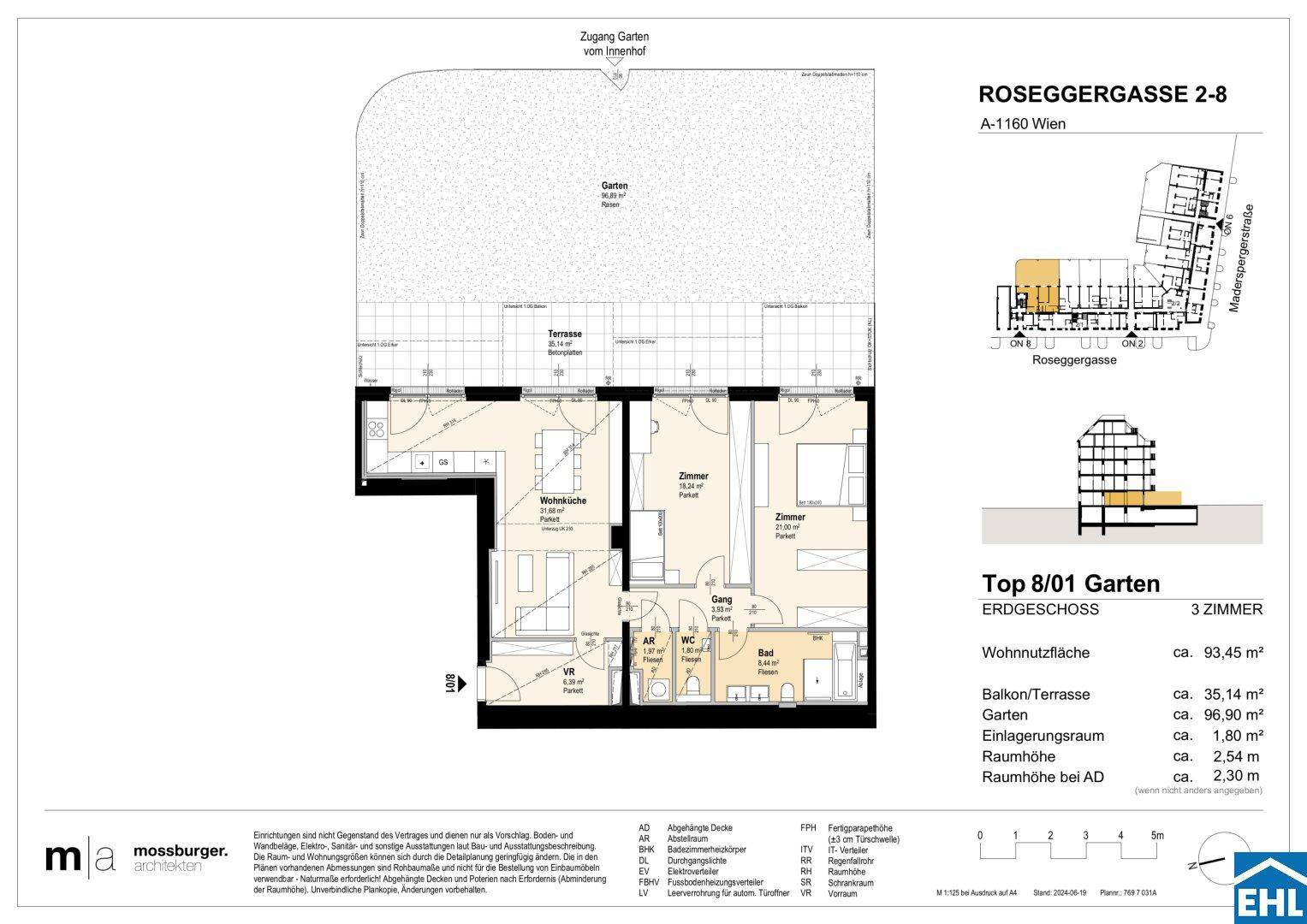 Grundriss einer Erdgeschosswohnung mit offener Wohnküche, zwei Zimmern, Bad, separatem WC, Terrasse und Garten.