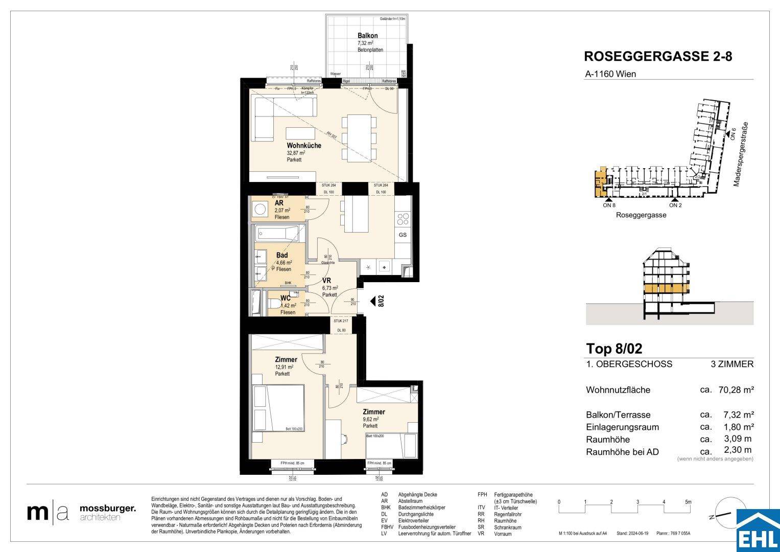 Grundriss einer 3-Zimmer-Wohnung mit offener Wohnküche, Balkon, Bad und separatem WC.