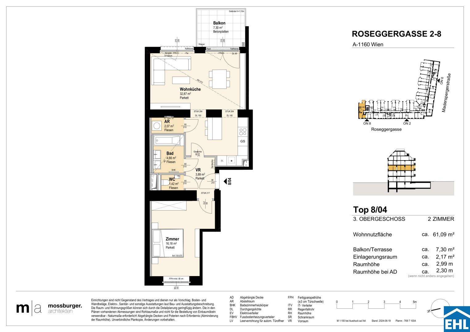 Grundriss einer 2-Zimmer-Wohnung mit offener Wohnküche, Schlafzimmer, Bad, separatem WC und Balkon.