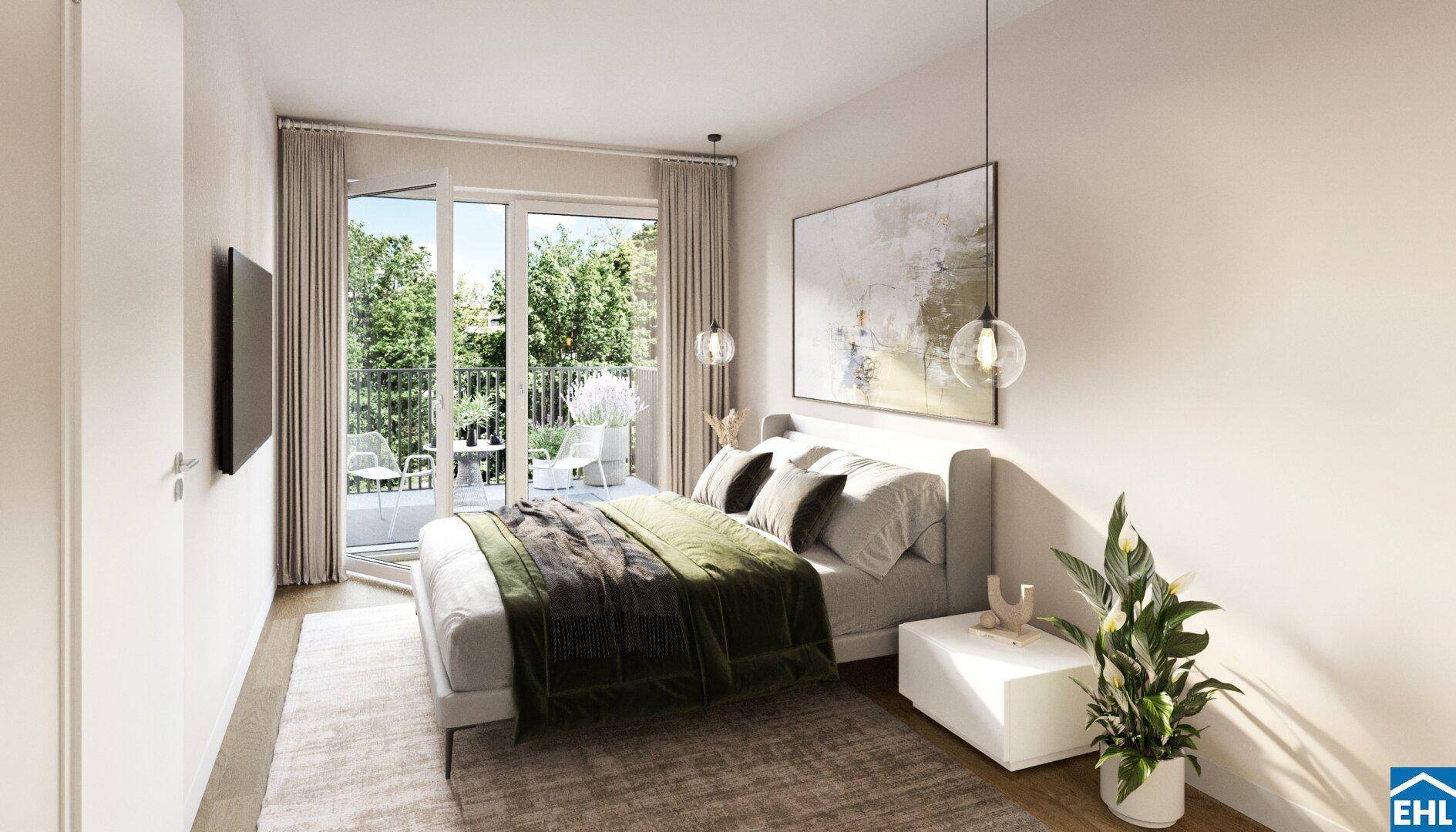 Modernes Schlafzimmer mit Doppelbett, Holzboden und direktem Zugang zum Balkon.