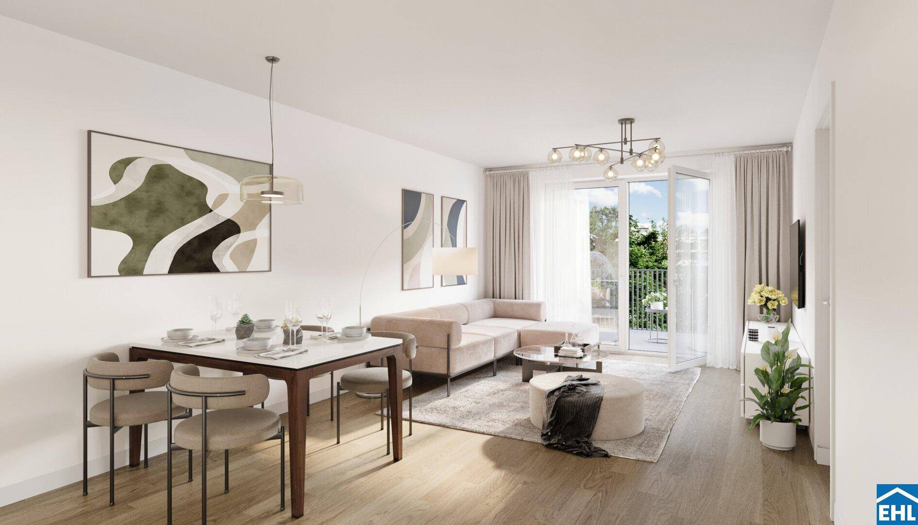 Heller Wohn- und Essbereich mit modernem Design, Holzboden und Zugang zu einem kleinen Balkon.