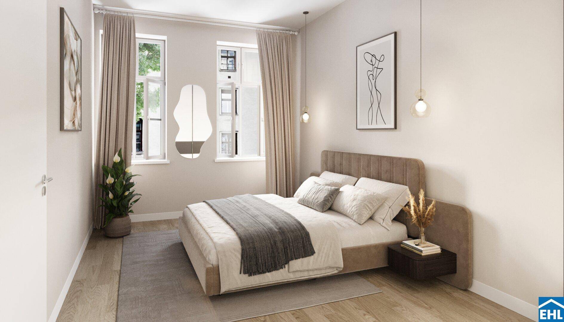 Modernes Schlafzimmer mit hellem Holzboden, beigen Wänden und zwei großen Fenstern für viel Tageslicht.