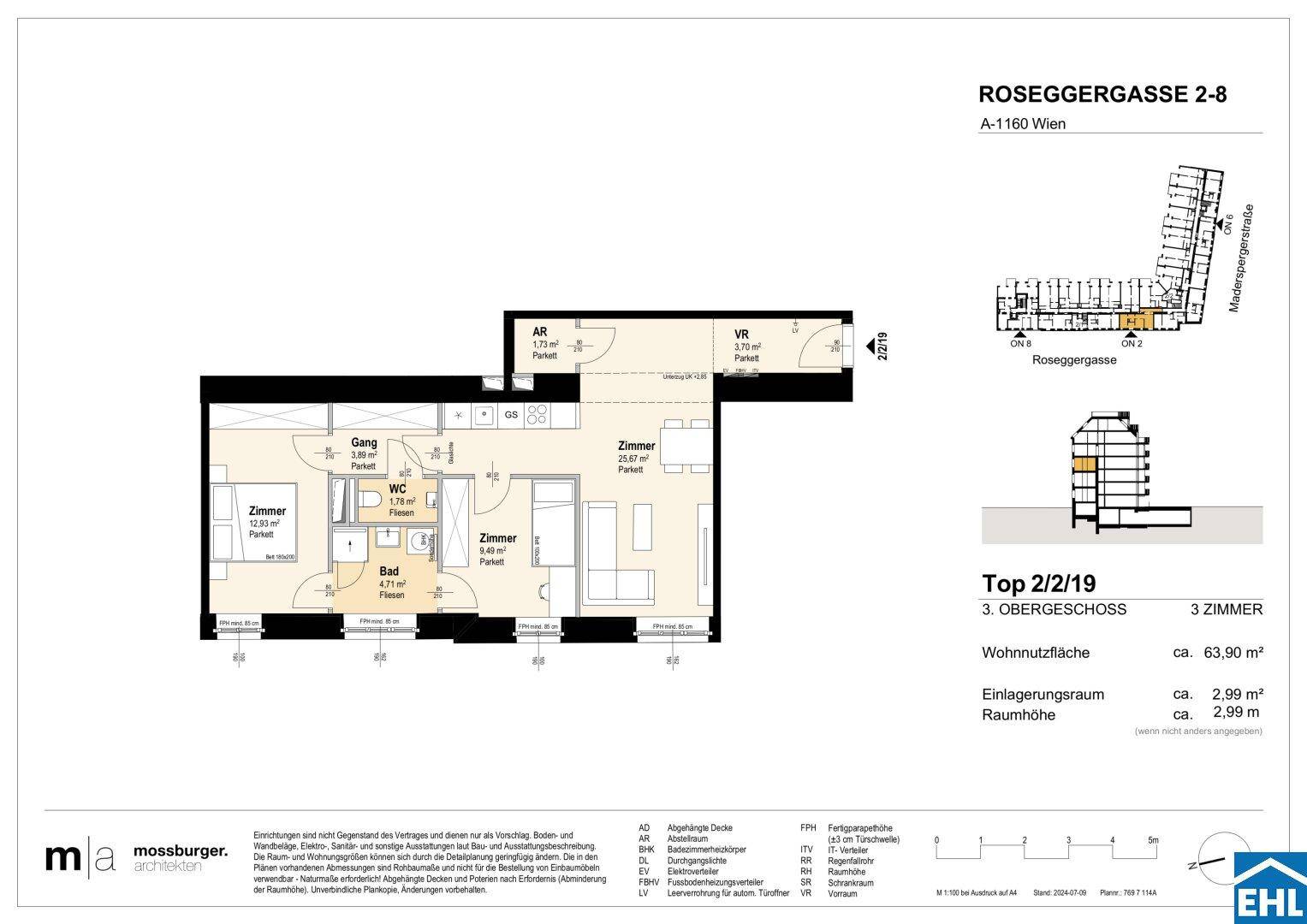 Grundriss einer 3-Zimmer-Wohnung mit Balkon. Bad mit Wanne und Dusche, separates WC vorhanden.