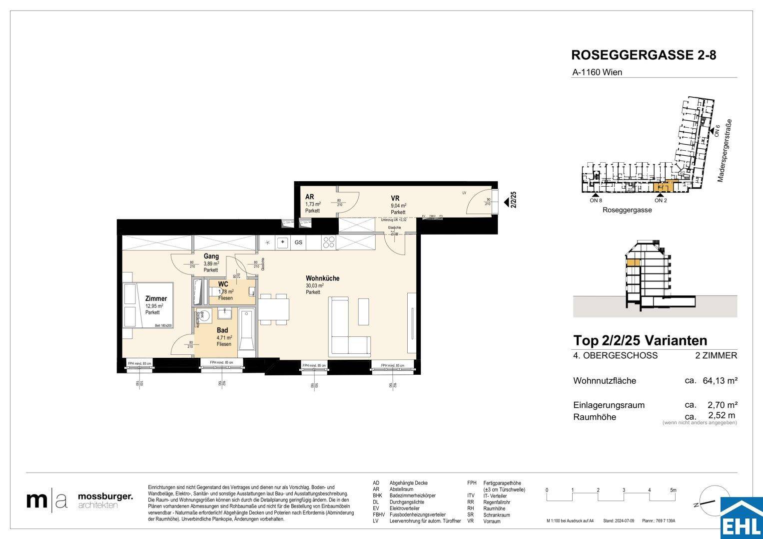 Grundriss einer 2-Zimmer-Wohnung mit offener Wohnküche, separatem WC, Bad und einem Balkon. Die Wohnfläche beträgt 64,13 m².