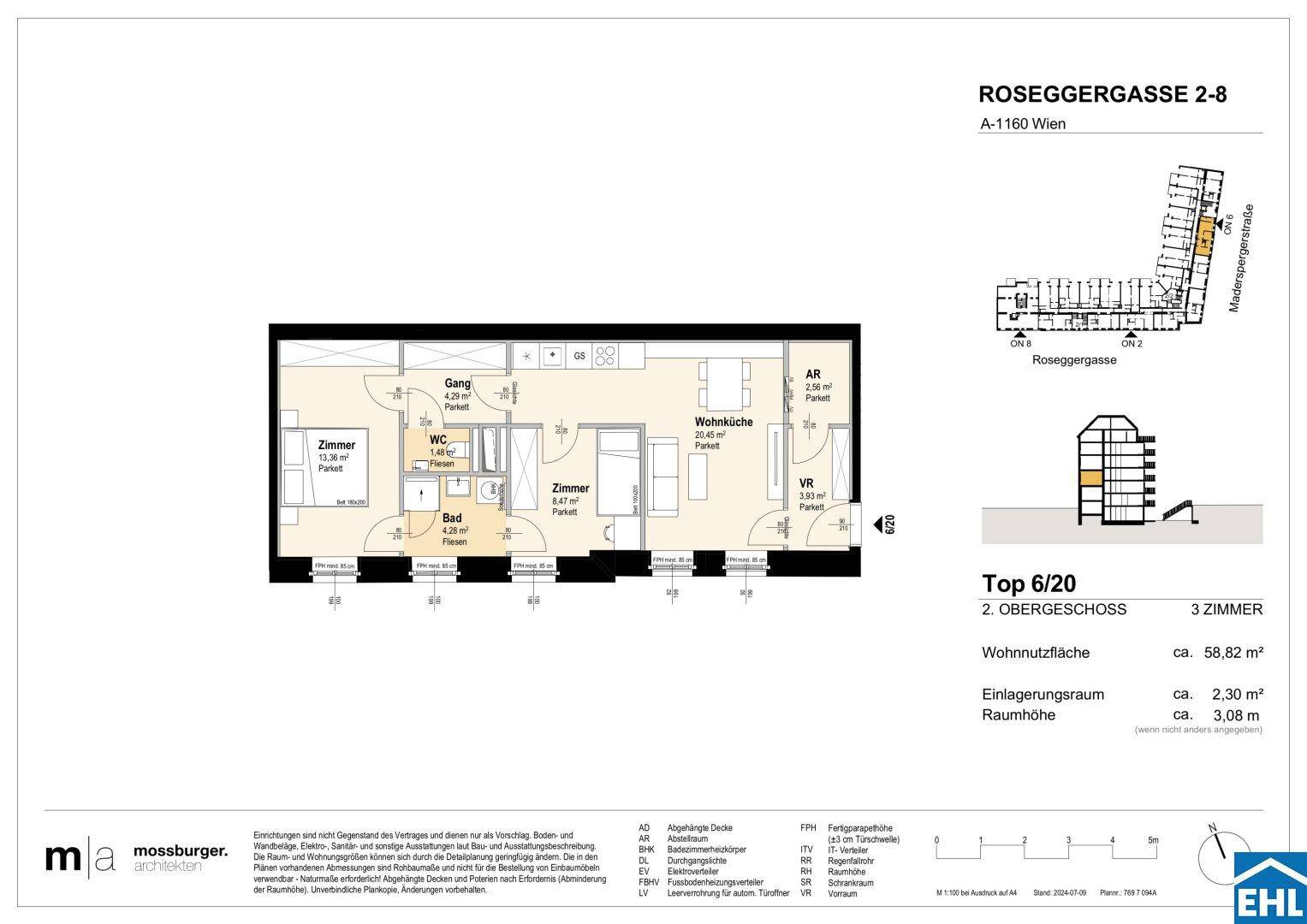 Grundriss der Wohnung Top 6/20 im 2. Obergeschoss mit drei Zimmern, Bad, separatem WC und Balkon.