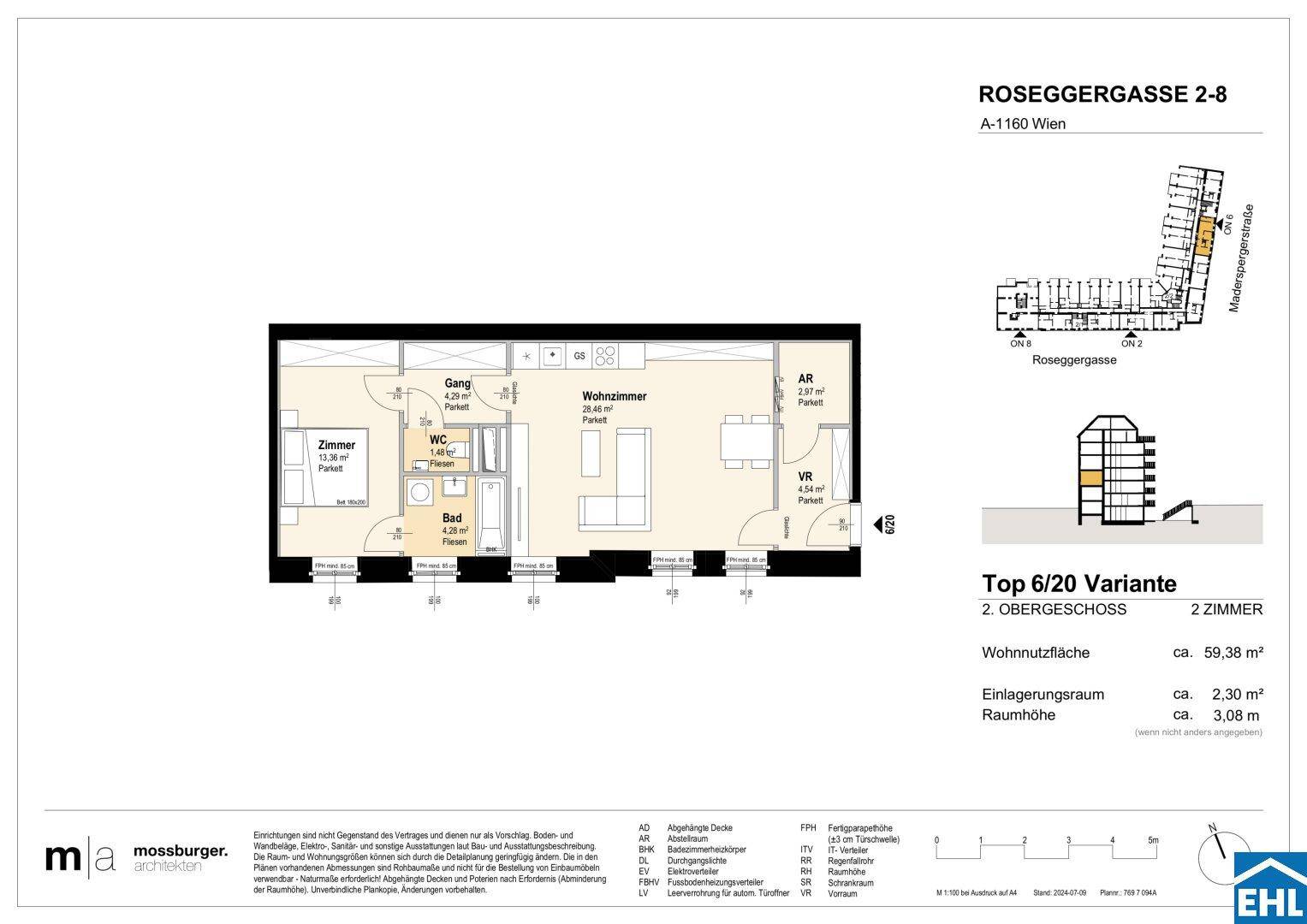 Grundrissvariante der Wohnung Top 6/20 im 2. Obergeschoss mit zwei Zimmern, Bad, separatem WC und Balkon.