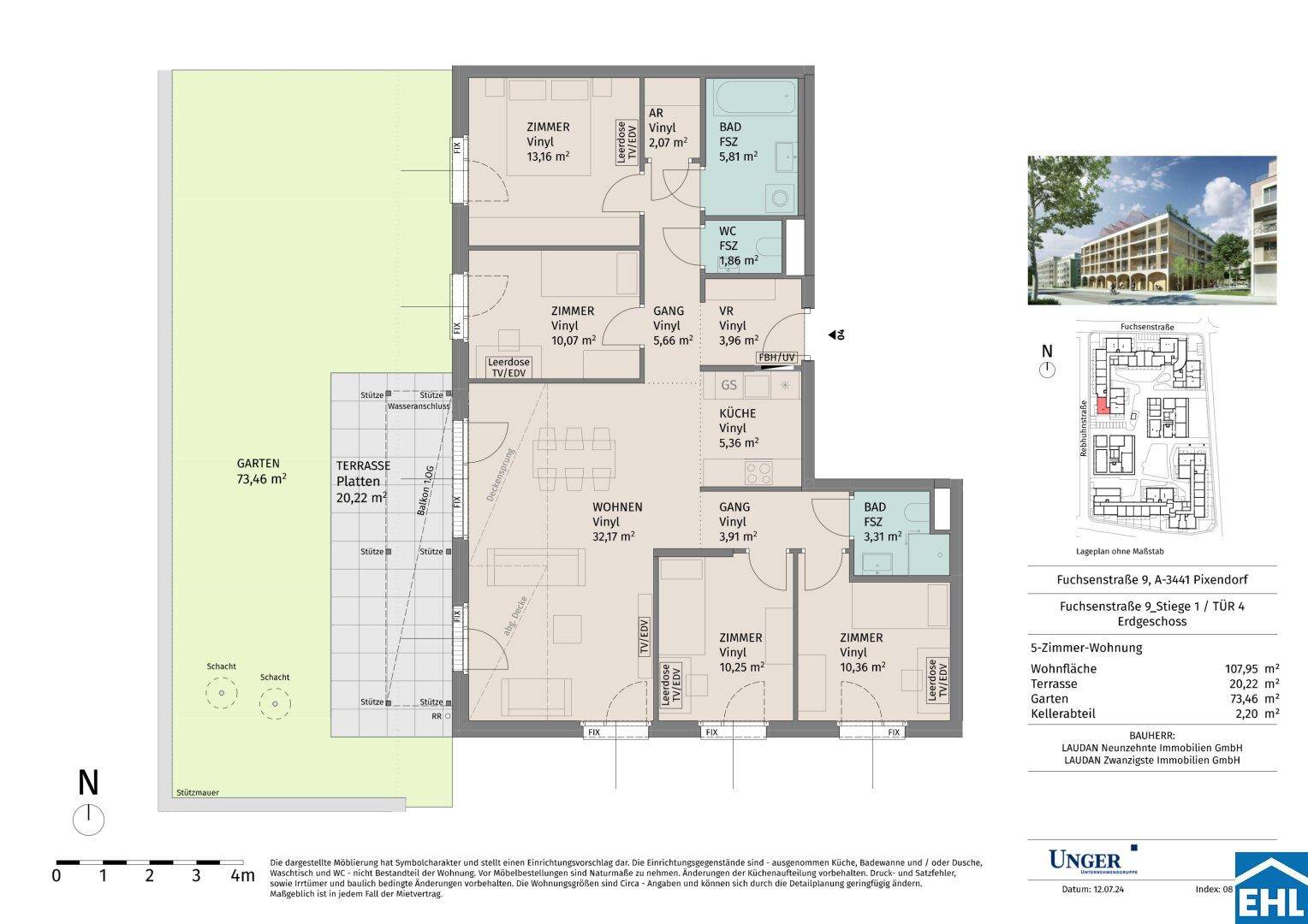 Detaillierter Grundriss einer 5-Zimmer-Wohnung mit Terrasse und Garten im Erdgeschoss.