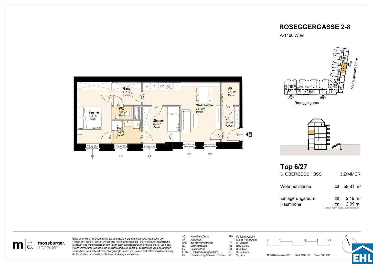 Grundriss der Wohnung Top 6/27 im dritten Obergeschoss mit drei Zimmern, Wohnküche und Balkon.