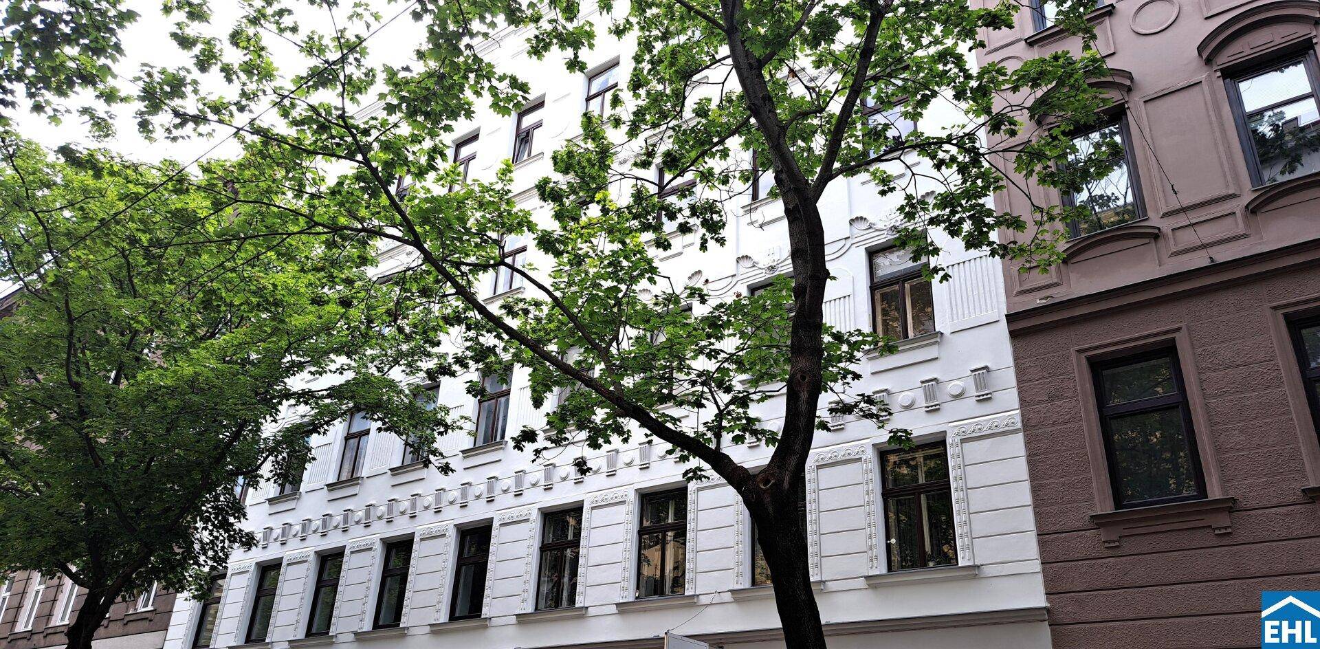 Historische Fassade eines Wohngebäudes mit vielen Fenstern und grünen Bäumen davor.