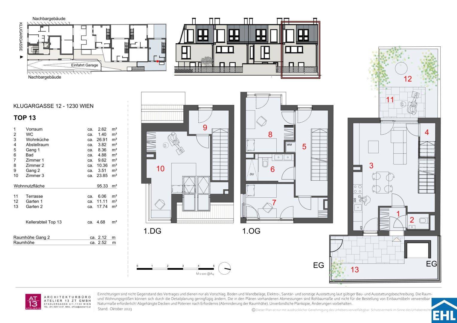 Detaillierter Grundriss einer Wohnung mit mehreren Zimmern, Terrasse und Kellerabteil.
