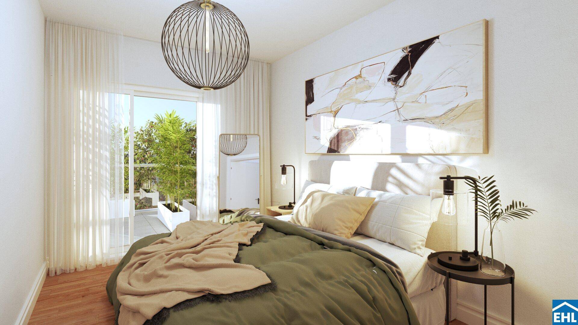 Helles Schlafzimmer mit Holzboden, großem Fenster und direktem Zugang zum Balkon.