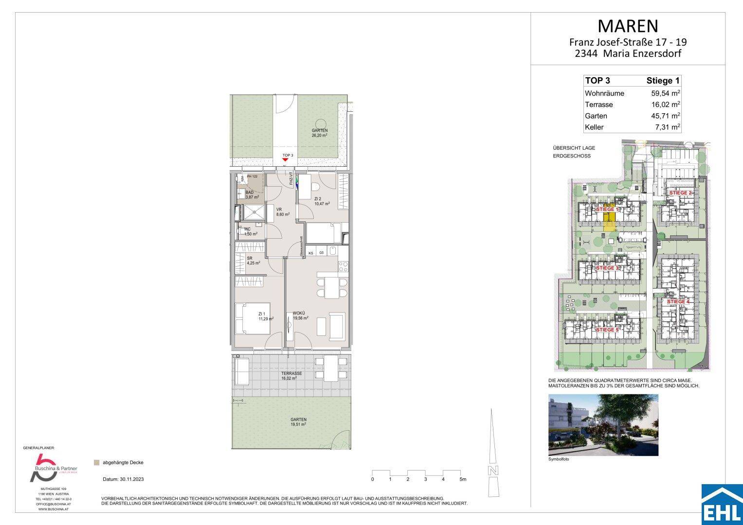 Detaillierter Grundriss einer Wohneinheit mit Garten, Terrasse und Kellerabteil.