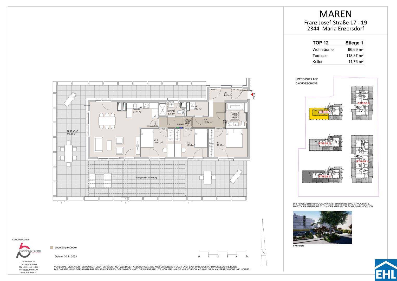 Detaillierter Grundriss einer Wohnung mit drei Schlafzimmern, offenem Wohnbereich und großer Terrasse.