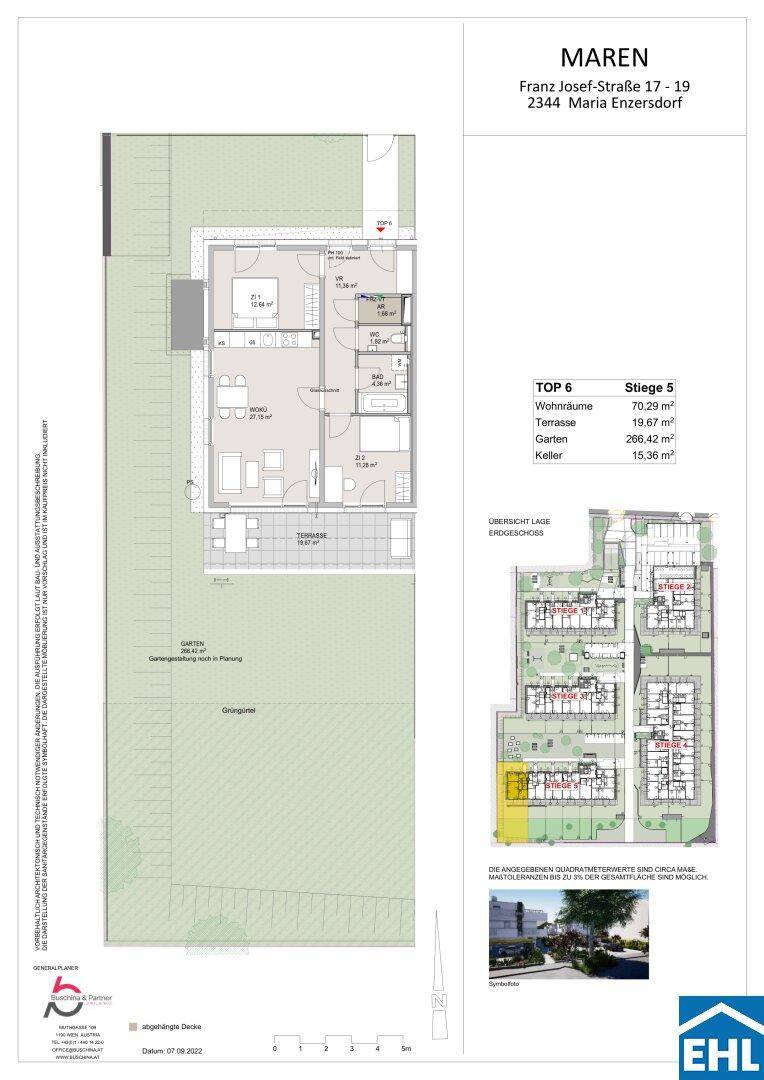 Detaillierter Grundriss einer Wohnung mit Terrasse und Gartenanteil.