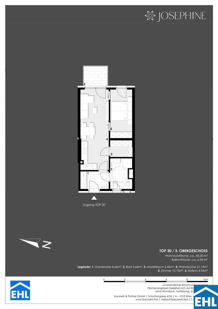 Detaillierter Grundriss einer Wohnung im dritten Obergeschoss mit Balkon und klarer Raumaufteilung.