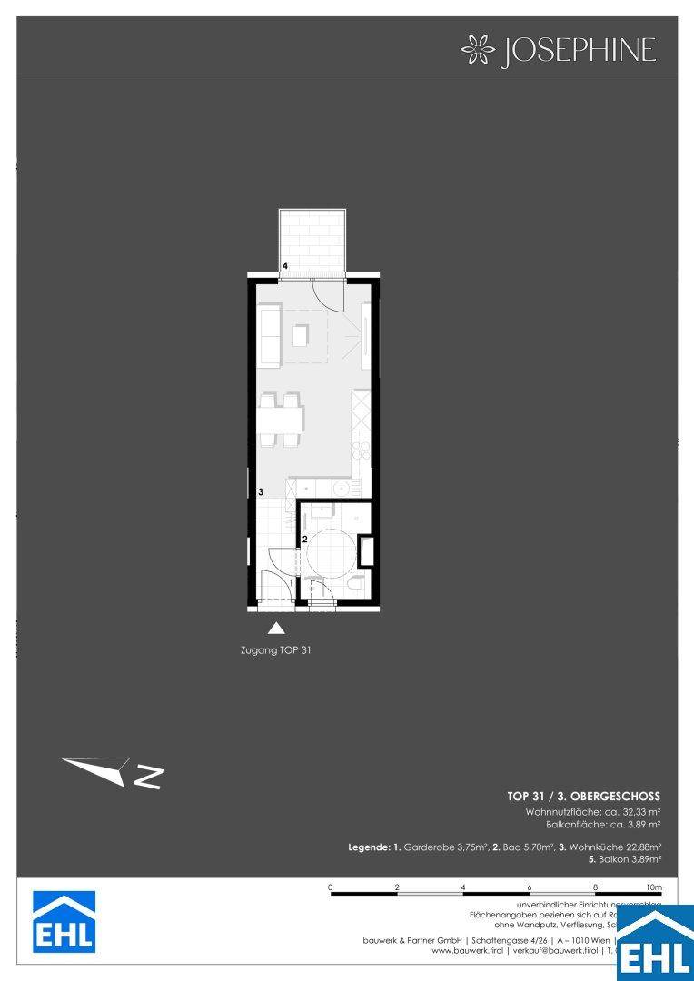 Grundriss der Wohnung TOP 31 im 3. Obergeschoss mit Balkon und offenem Wohnbereich.
