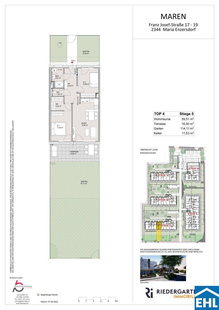 Detaillierter Grundriss einer Wohneinheit mit Garten, Terrasse und Kellerabteil.