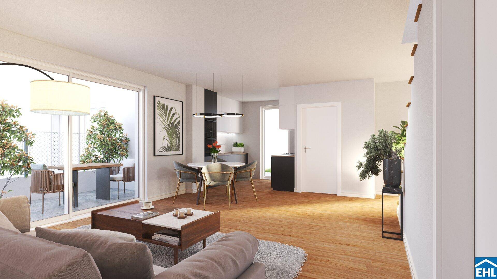 Heller Wohn-Essbereich mit Holzboden, modernen Möbeln und Zugang zu einer Außenterrasse.