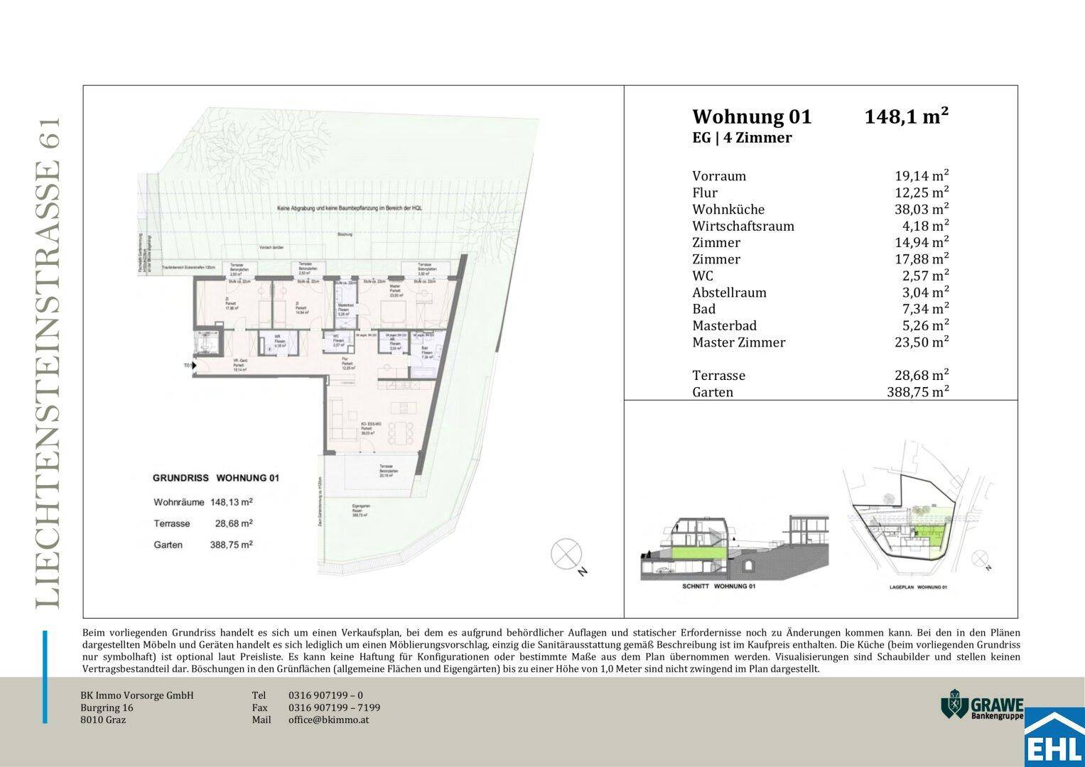 Detaillierter Grundriss der Wohnung 01 mit 148,1 m² Wohnfläche, Terrasse und Garten.