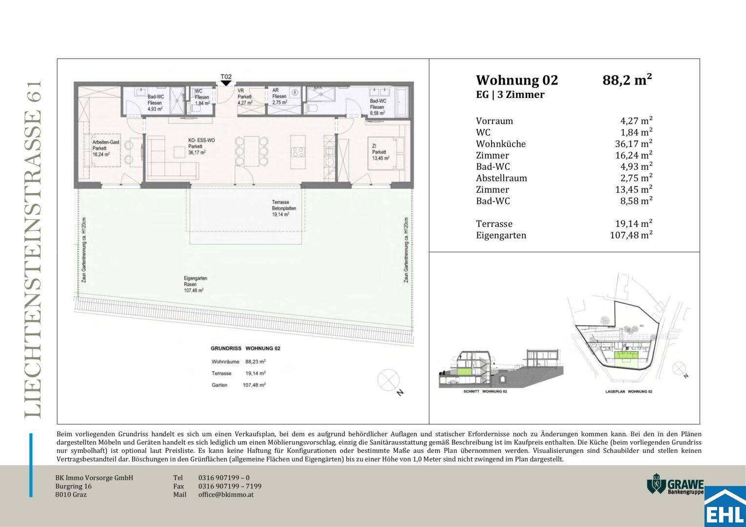 Grundriss einer 3-Zimmer-Wohnung im Erdgeschoss mit offener Wohnküche, zwei Bädern, Terrasse und eigenem Garten.