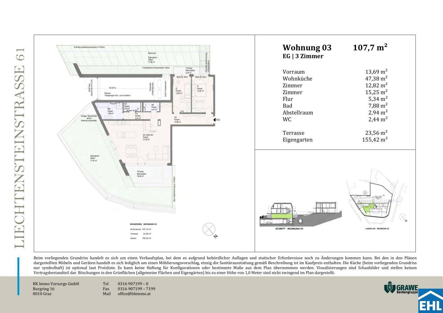 Grundriss der Wohnung 03 mit 107,7 m² Wohnfläche, Terrasse und Garten.