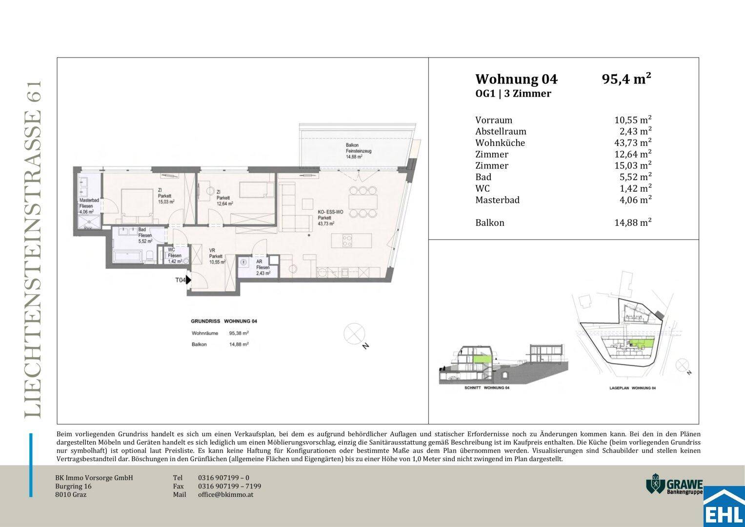 Detaillierter Grundriss der Wohnung 04 mit 3 Zimmern und Balkon auf 95,4 m².