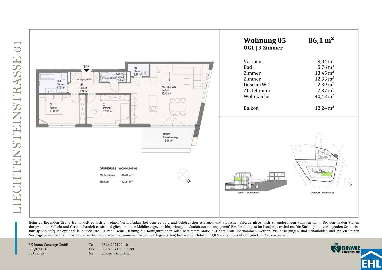 Detaillierter Grundriss der Wohnung 05 mit 86,1 m² Wohnfläche und einem Balkon.