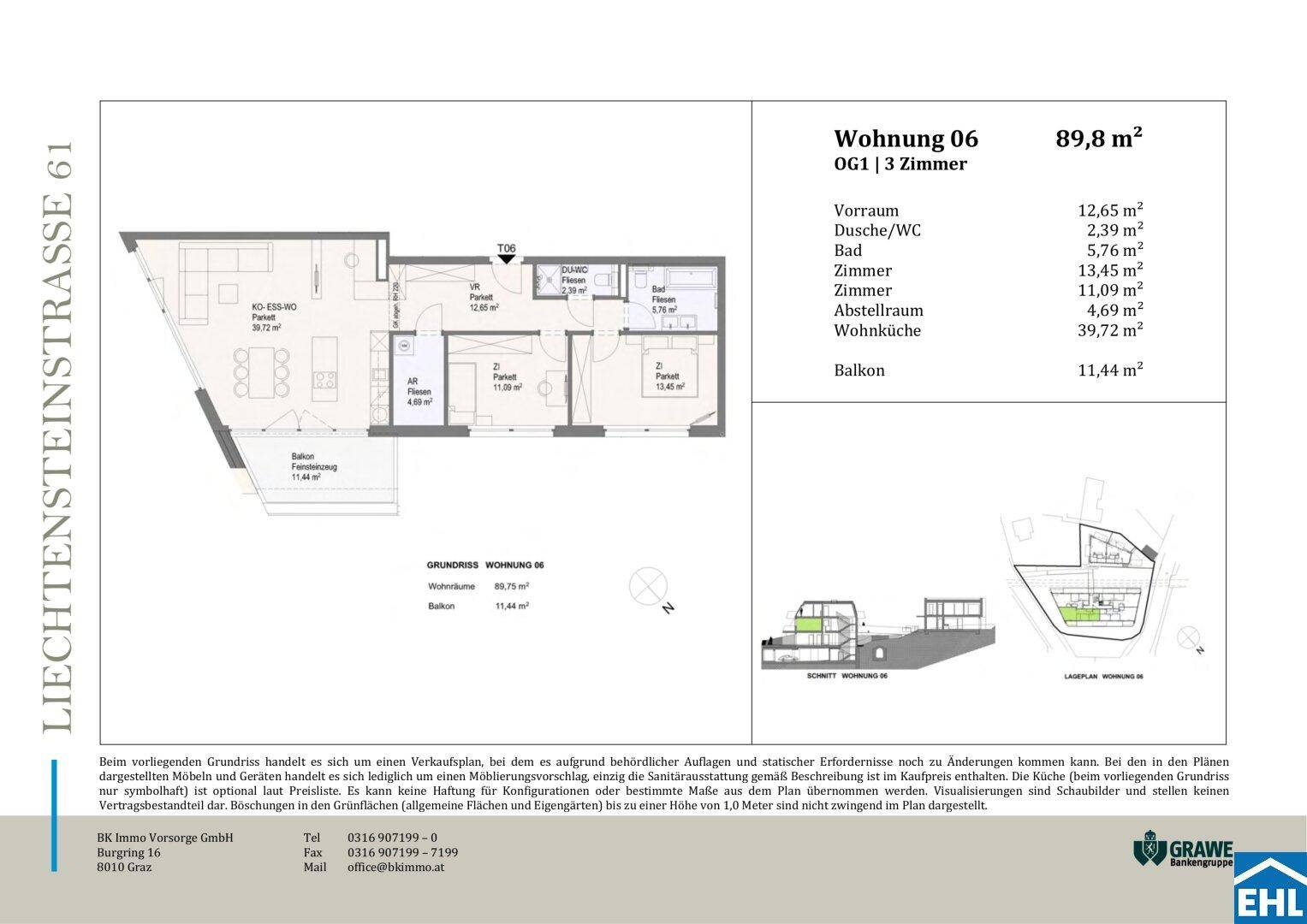 Grundriss der Wohnung 06 mit 89,8 m² Wohnfläche und Balkon.