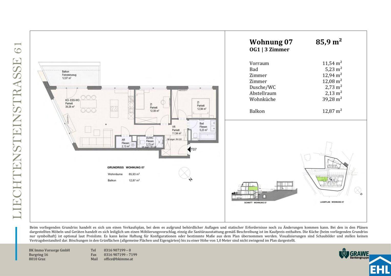 Grundriss der Wohnung 07 mit 3 Zimmern, Balkon und einer Fläche von 85,9 m².