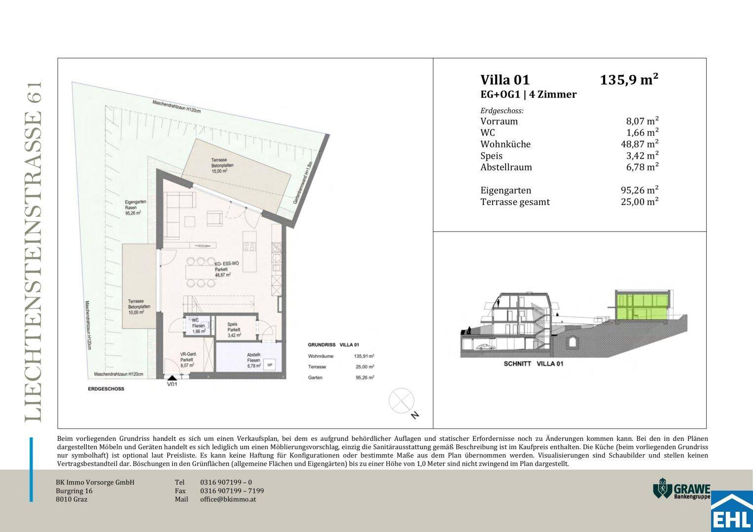 Grundriss der Villa 01 im Erdgeschoss mit Wohnküche, Terrasse und Garten.