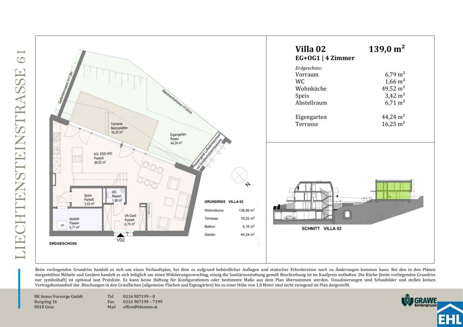 Grundriss der Villa 02 im Erdgeschoss mit Wohnküche, Terrasse und Garten.