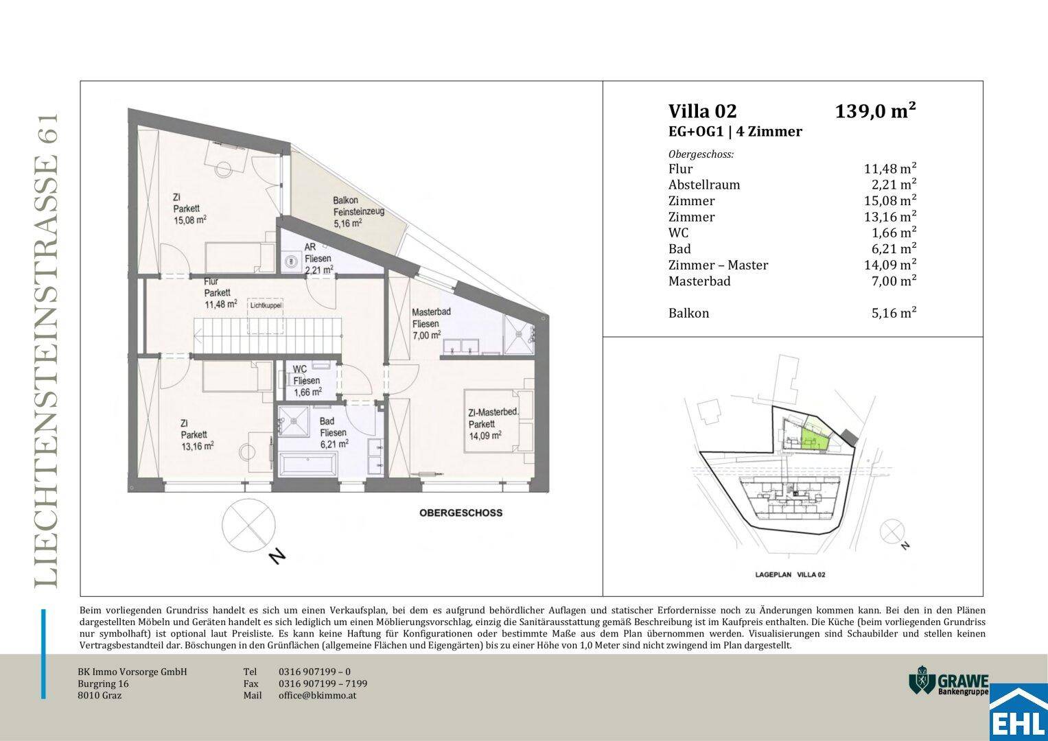 Grundriss der Villa 02 im Obergeschoss mit Schlafzimmern, Bädern und Balkon.