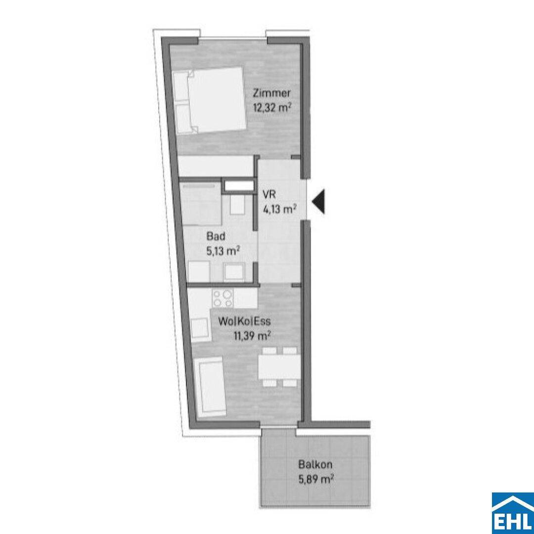 Grundriss einer Wohnung mit einem Schlafzimmer, Bad und offenem Wohn-Koch-Essbereich.