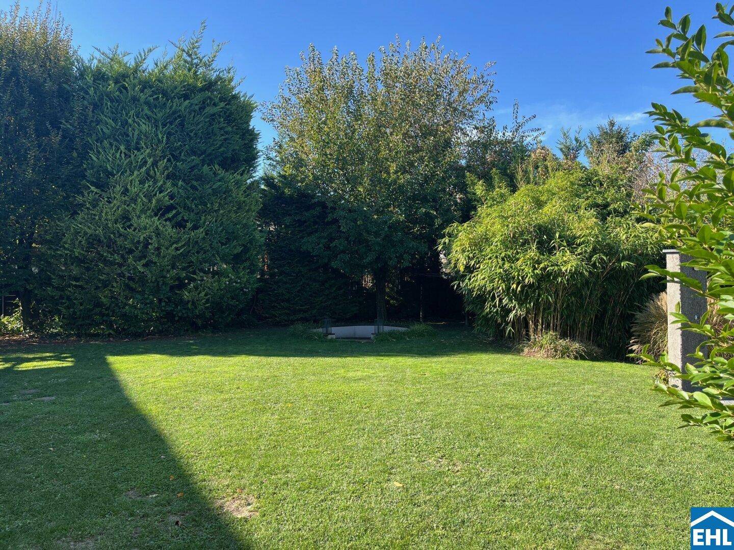Weitläufige Rasenfläche im Garten, umgeben von hohen Hecken und Bäumen, bietet viel Privatsphäre.