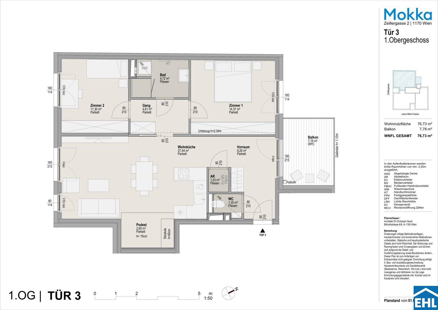 Detaillierter Grundriss der Wohnung im 1. Obergeschoss mit Balkon und klarer Raumaufteilung.