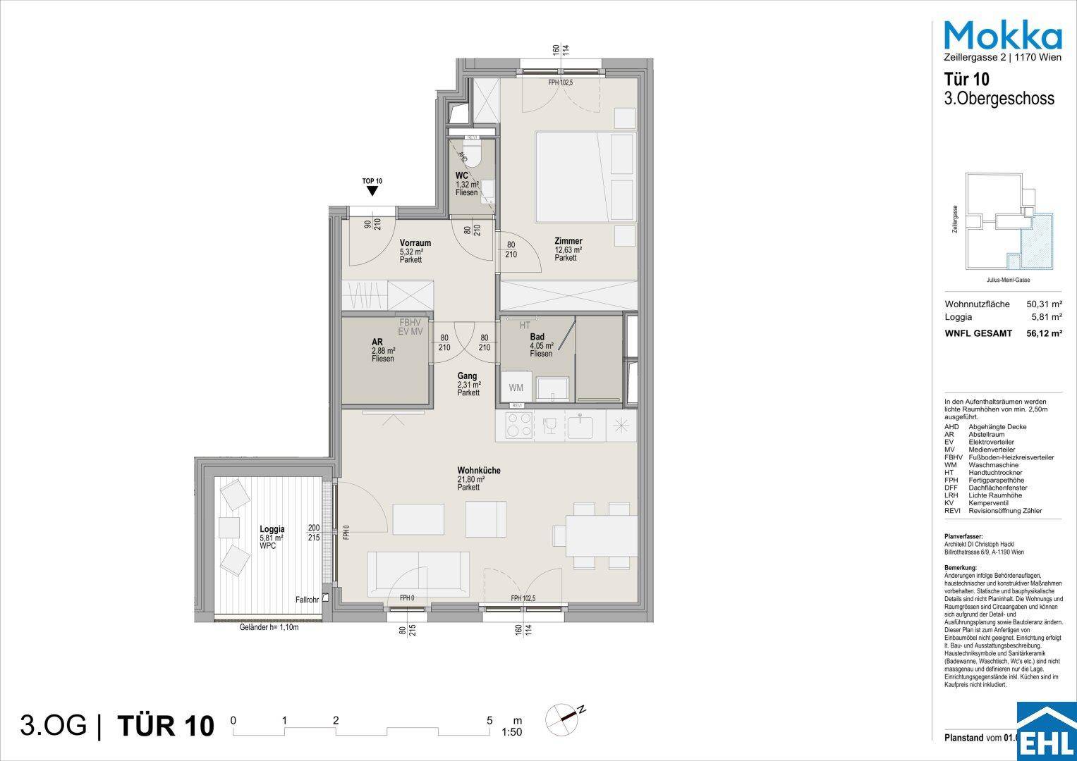 Detaillierter Grundriss einer Wohnung im 3. Obergeschoss mit Loggia und offener Wohnküche.