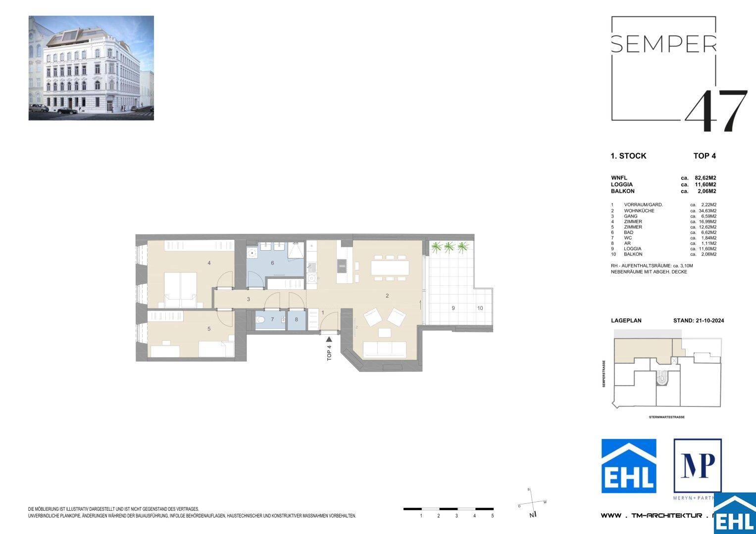 Detaillierter Grundriss einer Wohnung mit Loggia und Balkon, inklusive Flächenangaben.