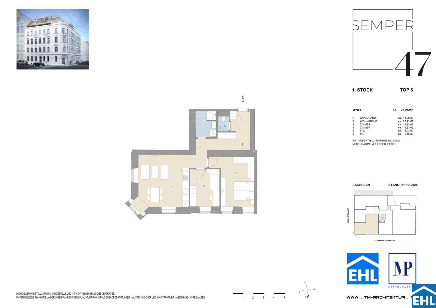 Grundriss der Wohnung im ersten Stock mit 73,25m² Wohnfläche, offenem Wohnbereich und Balkon.