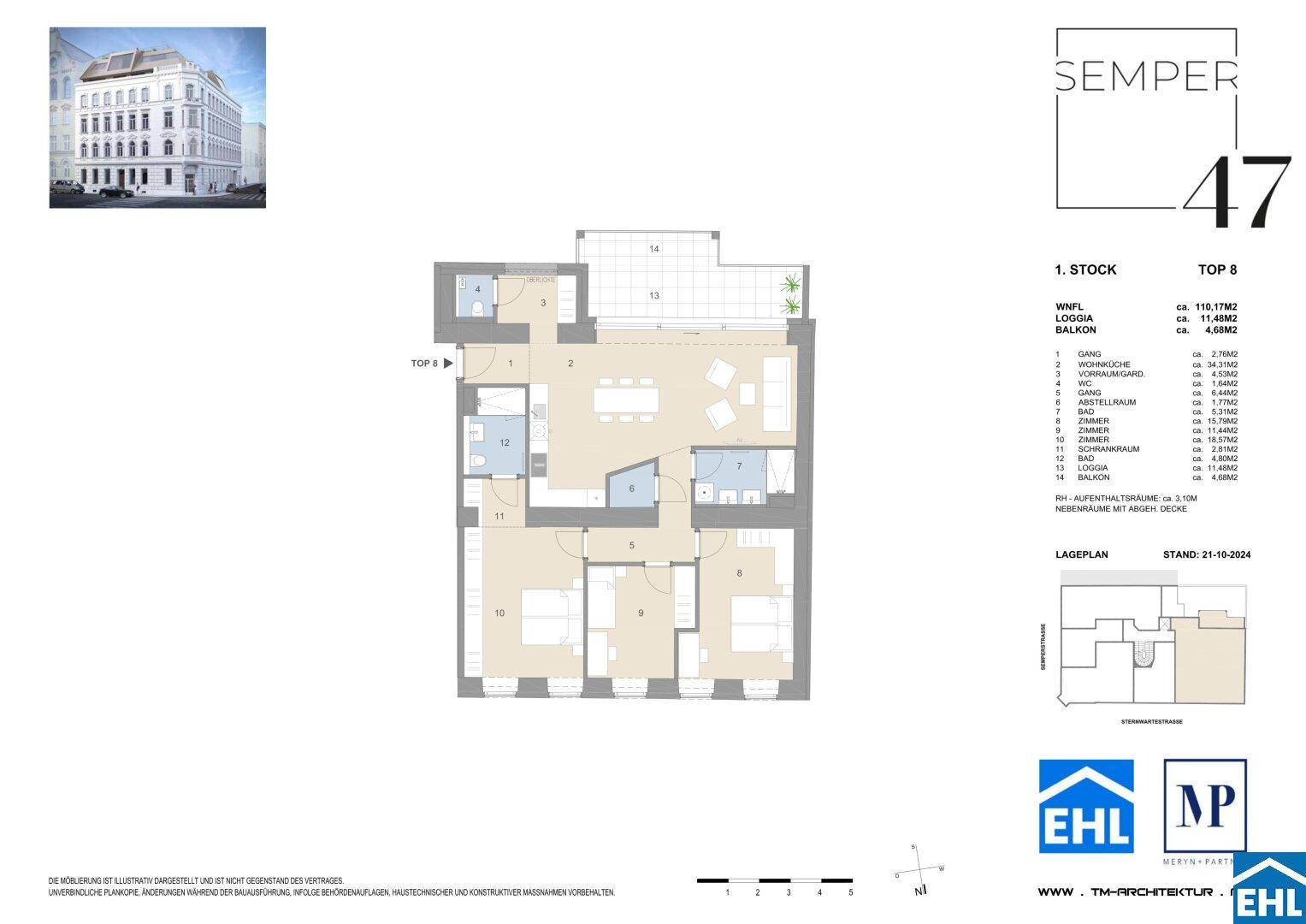 Detaillierter Grundriss einer Wohnung mit Loggia und Balkon im ersten Stock.