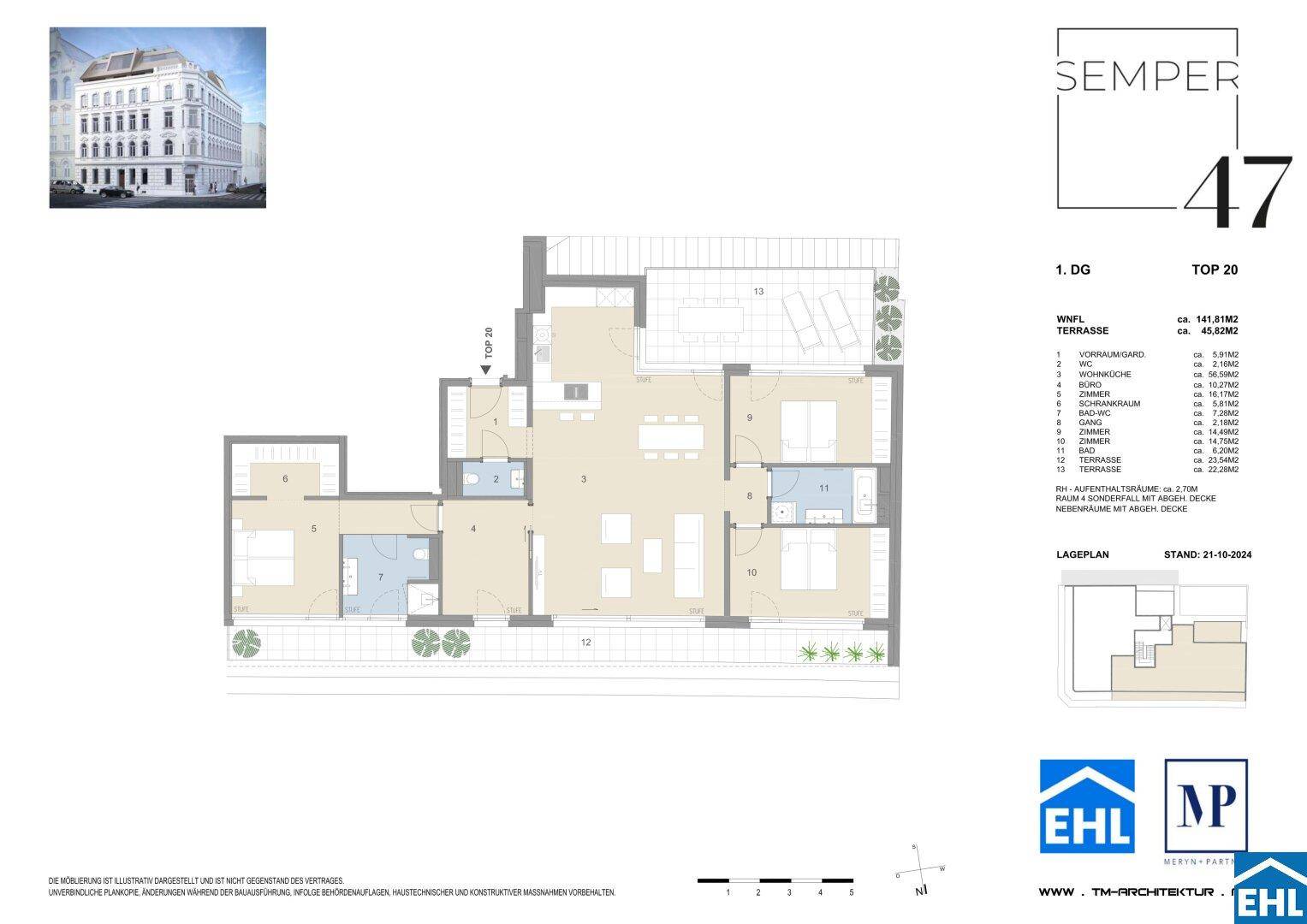 Detaillierter Grundriss einer Wohnung mit großer Terrasse und mehreren Zimmern.