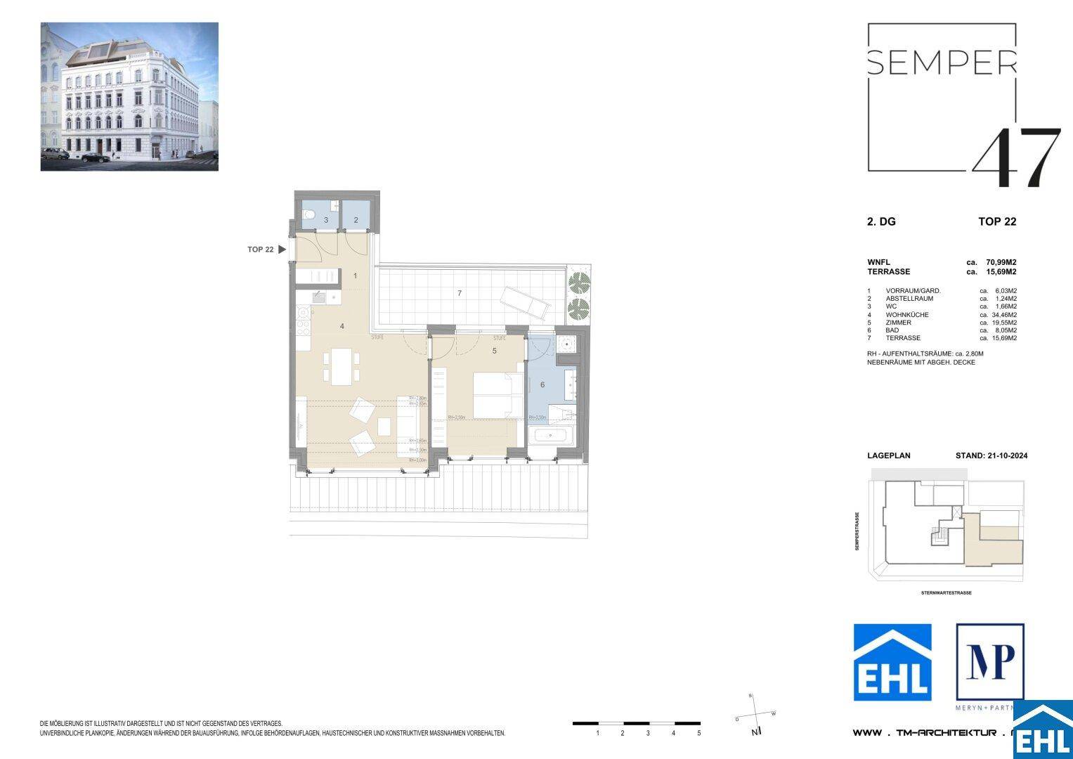 Grundriss einer Dachgeschosswohnung mit Terrasse und offenem Wohnbereich.