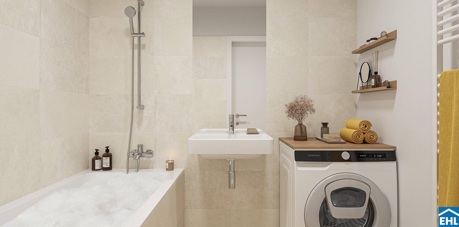 Modernes Badezimmer mit Badewanne, Dusche und integrierter Waschmaschine.