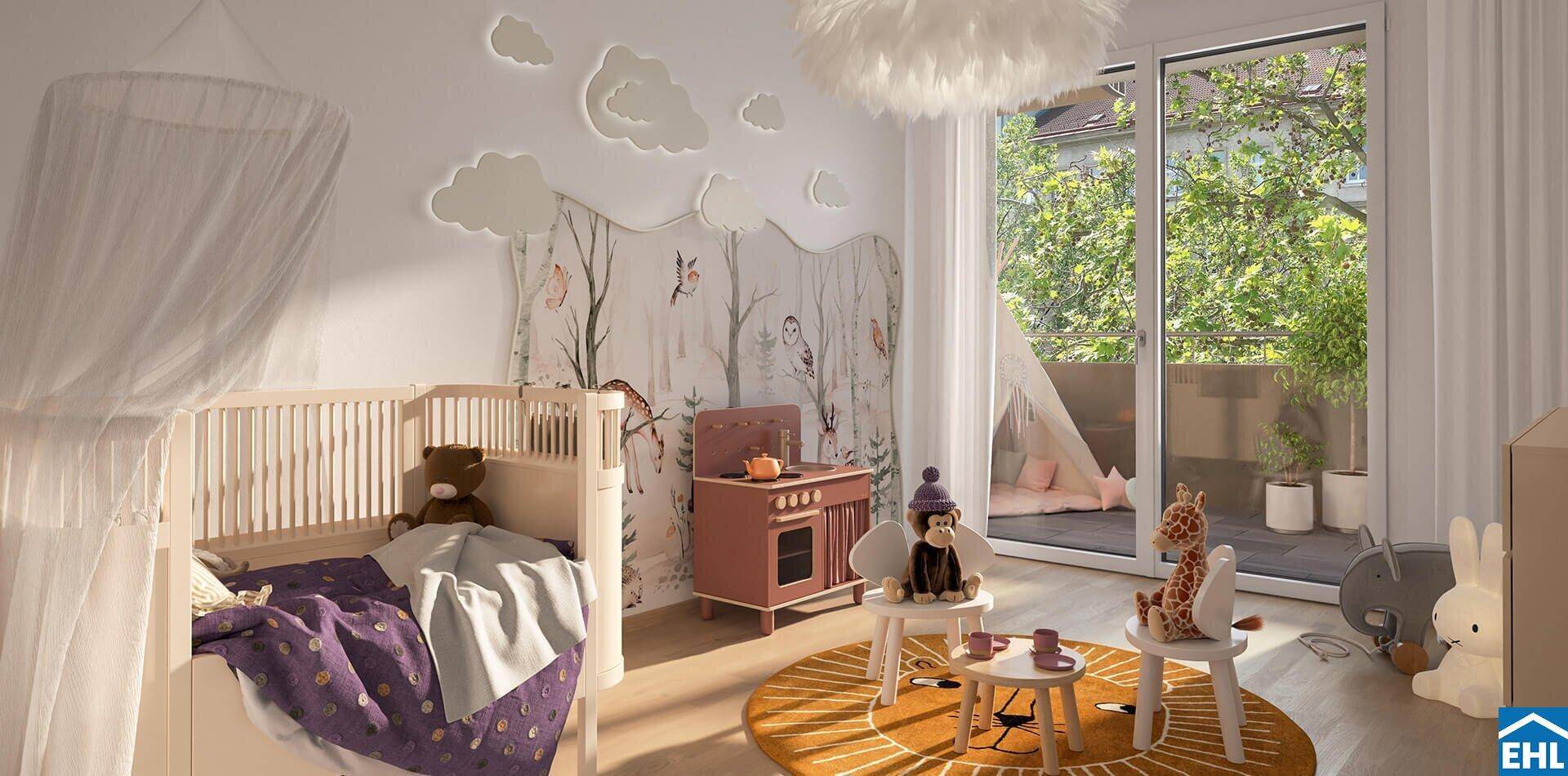 Gemütliches Kinderzimmer mit Babybett, Spielzeug und Zugang zu einem Balkon.
