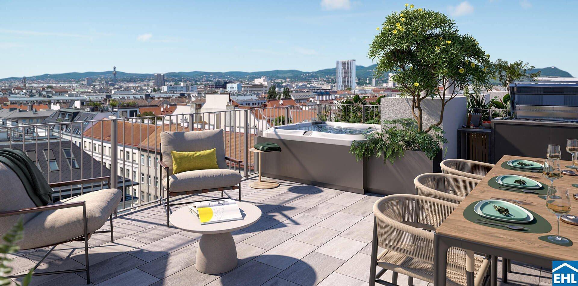 Großzügige Dachterrasse mit Whirlpool, Essbereich und weitem Stadtblick.