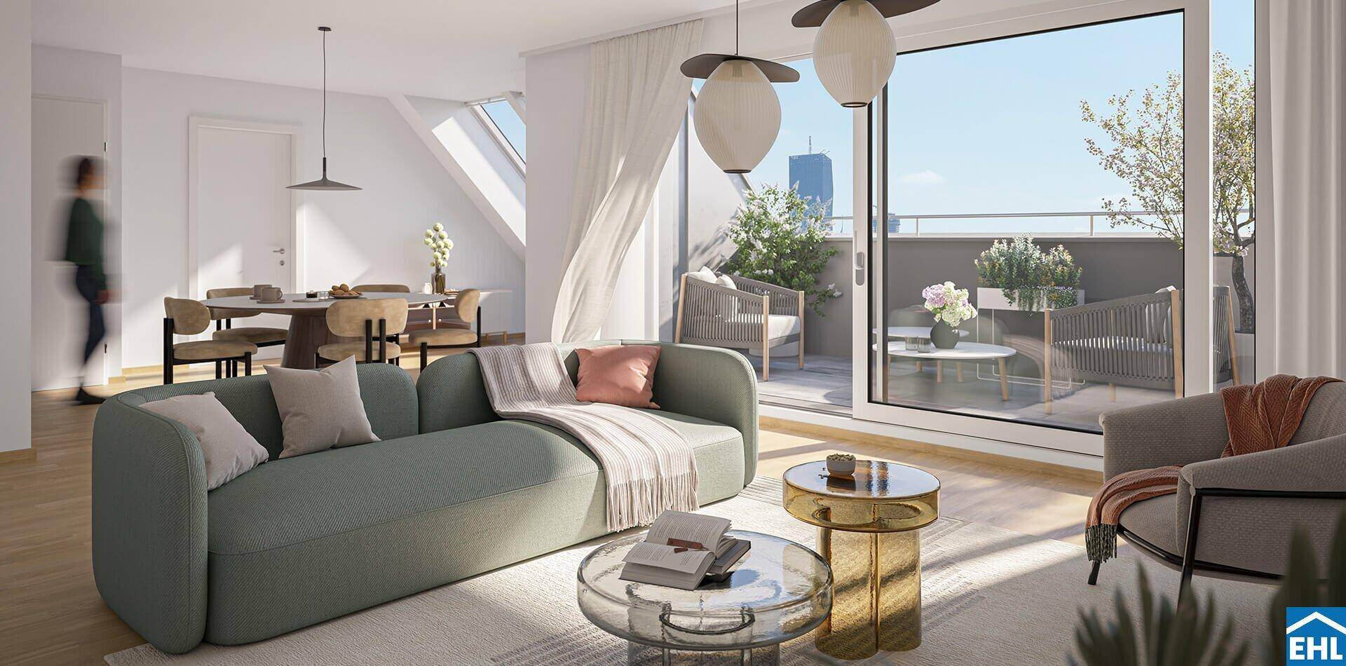 Helles Wohnzimmer mit Zugang zu einer großen Terrasse und modernem Mobiliar.