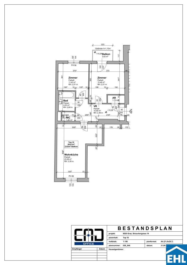 Grundriss der Wohnung mit Balkon, Wohnküche und separatem WC.