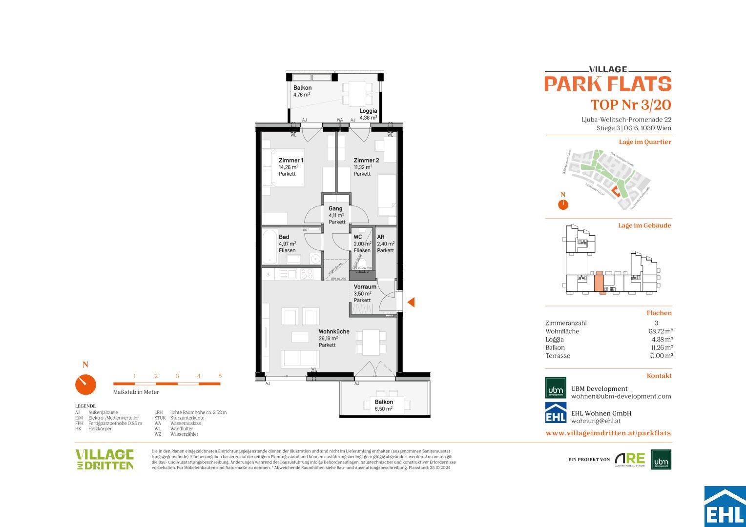 Detaillierter Grundriss der Wohnung Top Nr. 3/20 mit Balkon und Loggia.